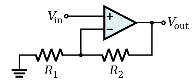An op-amp connected in the non-inverting amplifier configuration