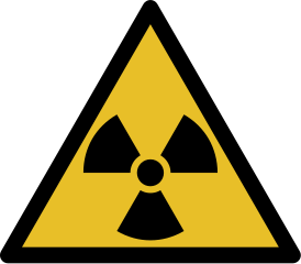 The trefoil symbol used to warn of presence of radioactive material or ionising radiation.