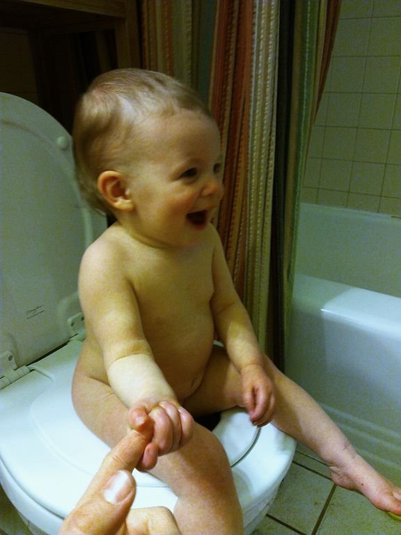 Small toddler sitting on the toilet