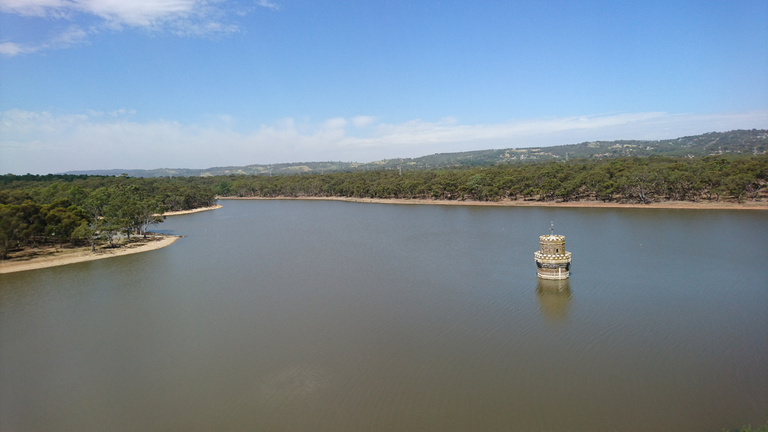Freshwater Reservoir with Heritage Water Tower from Raw Water Gantry Crane - Water Treatment Plant