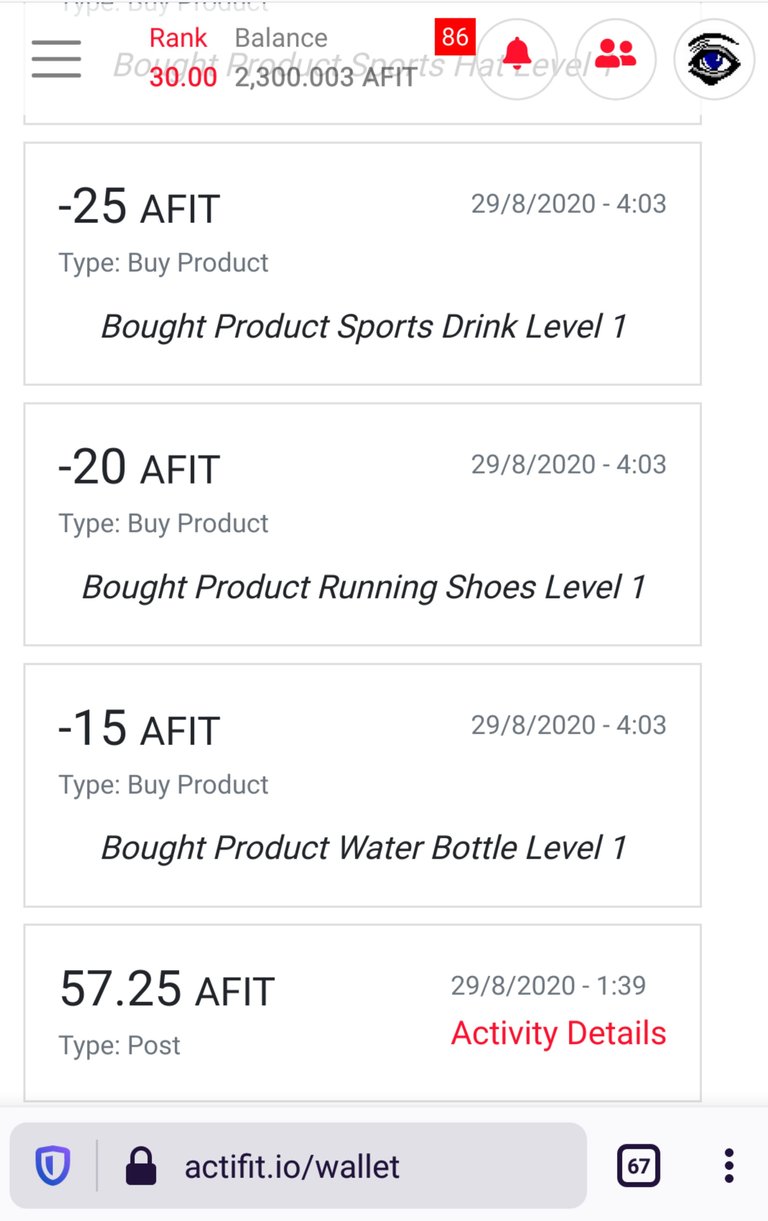 Actifit.io - items bought from actifit market