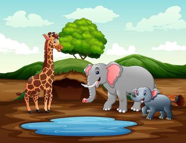 fuente:https://www.freepik.es/vector-premium/dibujos-animados-jirafa-elefantes-disfrutando-naturaleza-cerca-estanque_16566824.htm