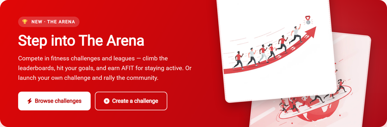 The Arena promo on the Actifit home page, linking to browse or create a challenge