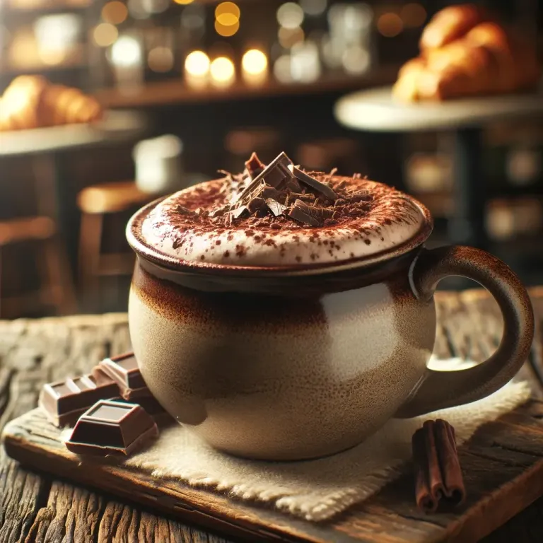 DALL·E 2023-12-01 13.25.28 - A rustic, cozy mug filled with rich, creamy cocoa. The cocoa has a frothy top and is garnished with a sprinkle of chocolate shavings. The mug is set o.png