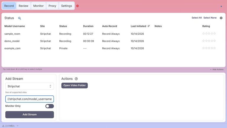 CaptureGem Add Stream panel with Stripchat selected and an example username
