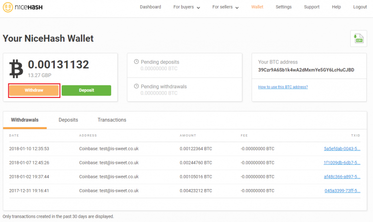 NiceHash Withdraw