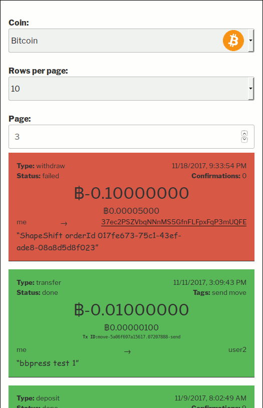 User transactions viewed as list