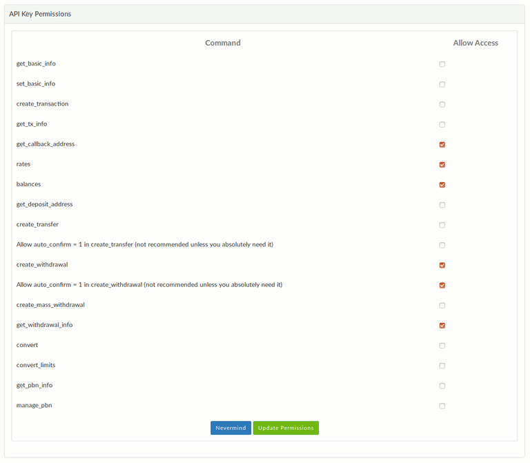 Configuring API key permissions in CoinPayments