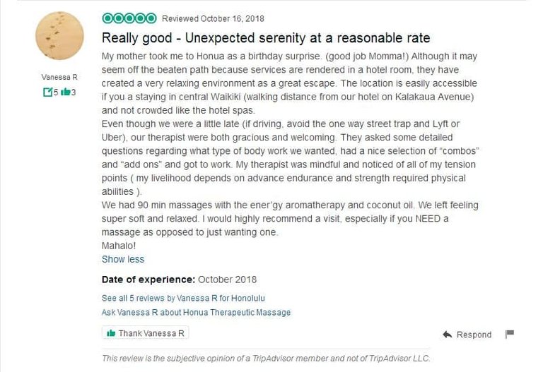 Honua Therapeutic Massage Helpful TripAdvisor Review from 101618