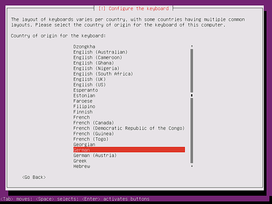 Wählen Sie das Land für das Ubuntu-Tastatur-Locale aus.