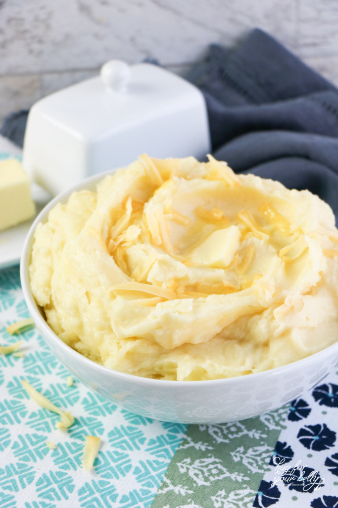 smoked gouda mashed potatoes in white bowl