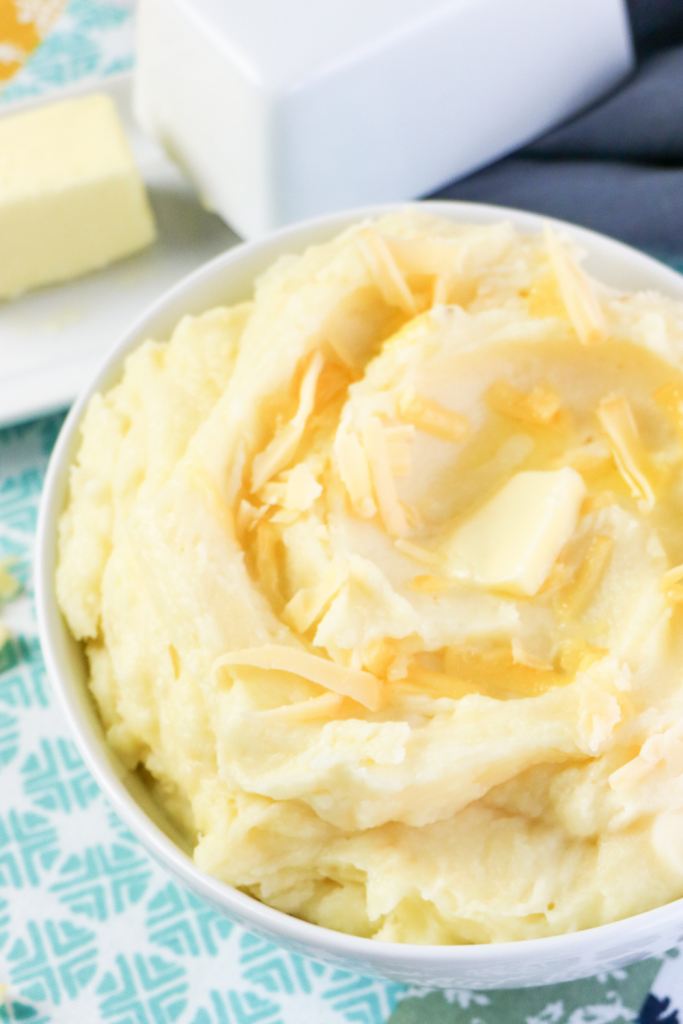 smoked gouda mashed potatoes in a bowl