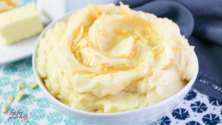 smoked gouda mashed potatoes in white bowl 