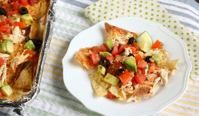 chicken nachos on white plate