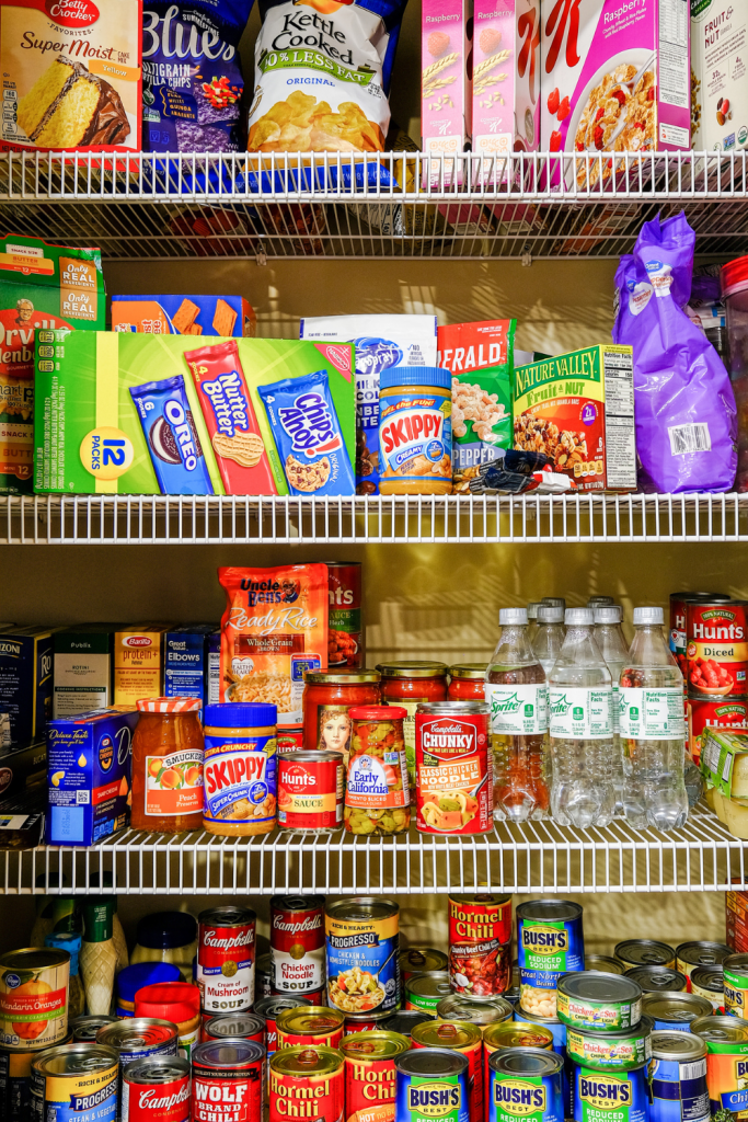 pantry items on wire rack shelves