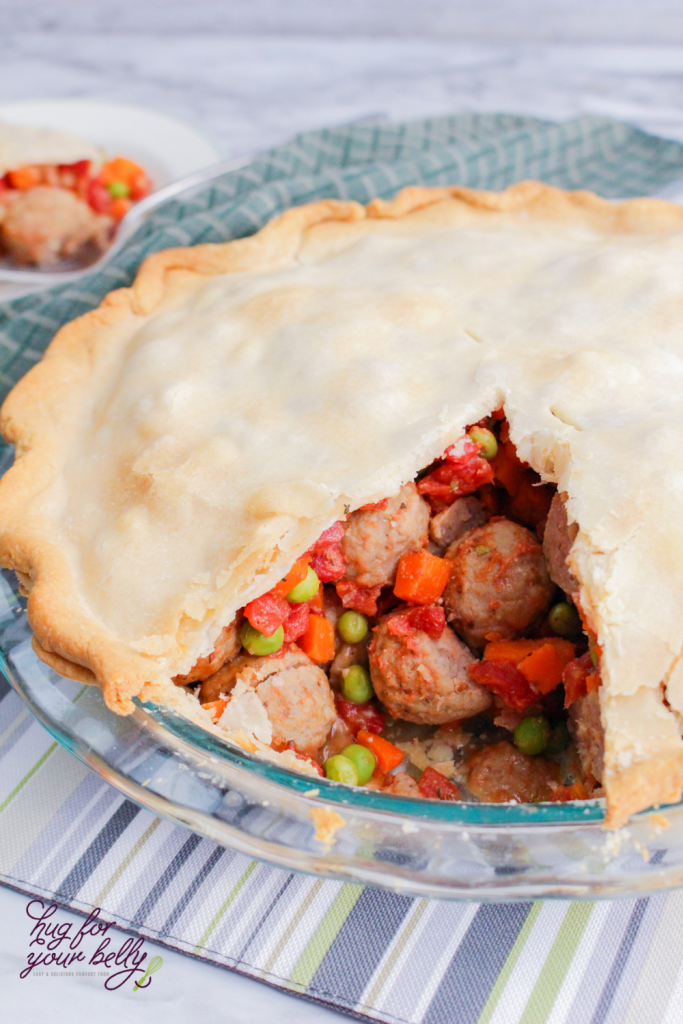 meatball pie open on glass plate