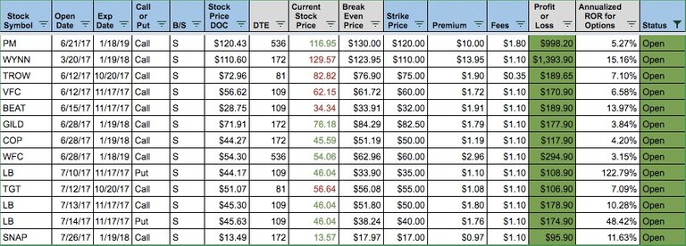 Investment Hunting Open Option Contracts as of 7-31-17