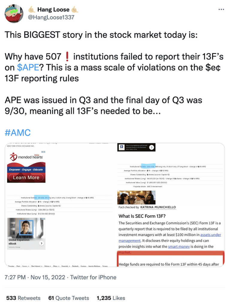 Tweet from HangLoose about the institutions who failed to file 13Fs on APE holdings