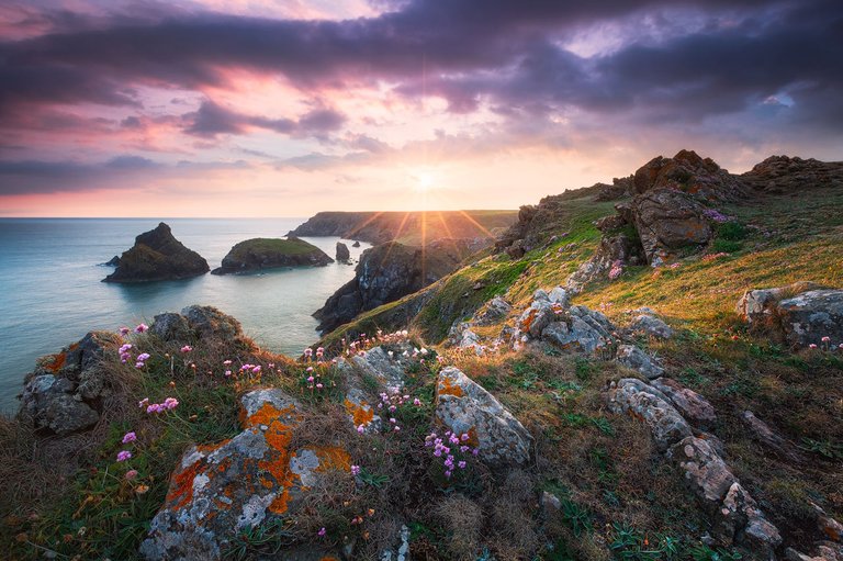 The sun lights up the coastline at Kynance Cove