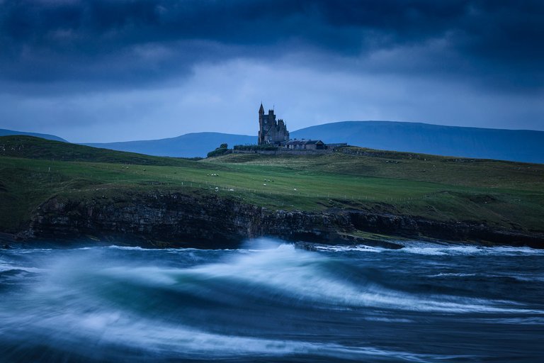 The old Classiebawn Castle near Mullaghmore in County Sligo on a gloomy morning.