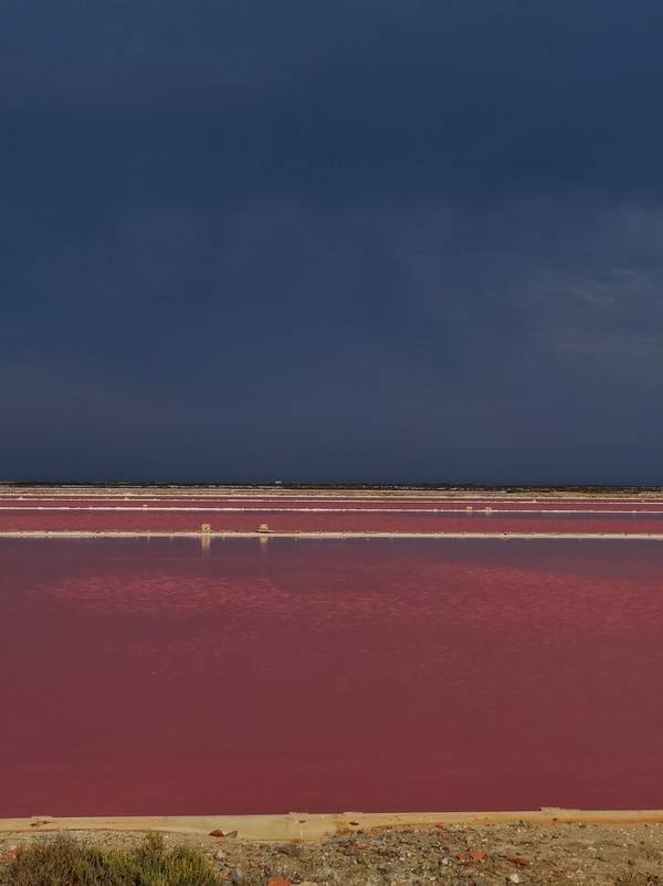 The pink of the salt pans of Gruissan, in France, shines beneath a stormy sky. Why do I travel? To see more extraordinary colours in nature.