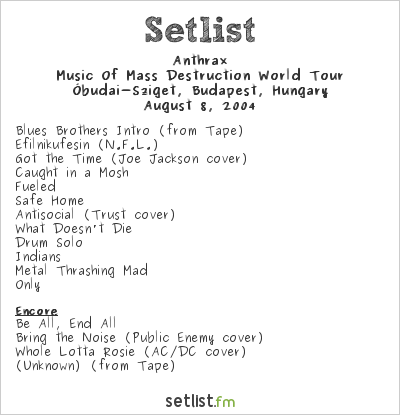 Anthrax Setlist Sziget Festival 2004 2004, Music Of Mass Destruction World Tour