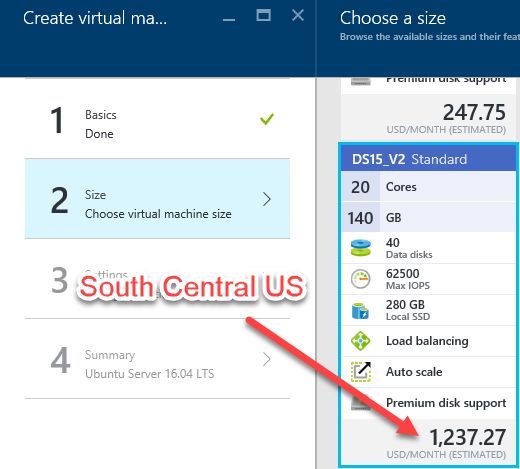 Cost of DS15_V2 VM in South Central US region