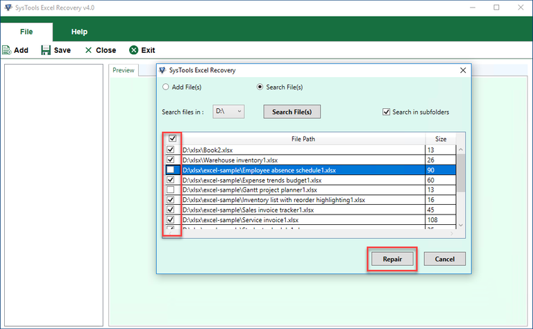 Browse Excel files