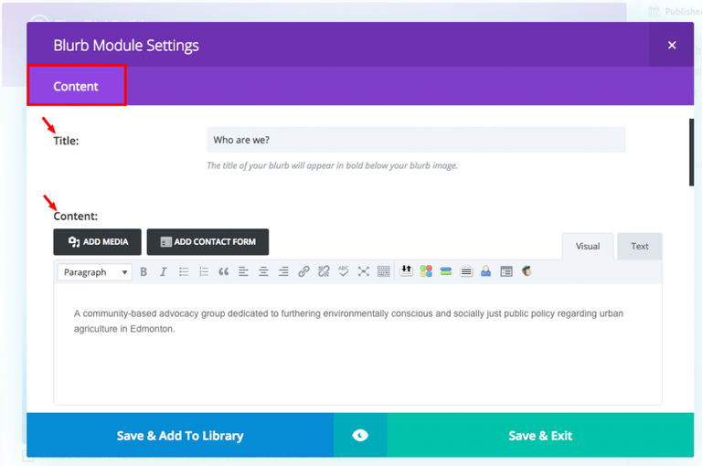 Divi Blurb Module Settings dialogue box for Editors. Only the Content tab is visible giving access to the Title and Content fields