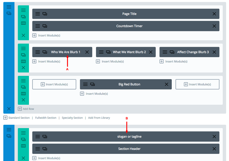 Divi Page Builder with Modules meaningfully labeled