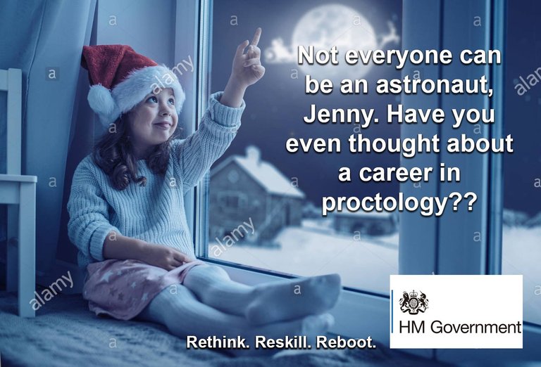 Not everyone can be an astronaut, Jenny. Have you even thought about a career in proctology? Rethink. Reskill. Reboot. HM Government.