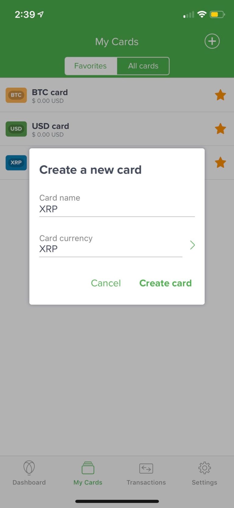 Uphold My Cards section add a new card select a currency