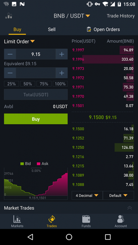 Binance Android app trades tab.