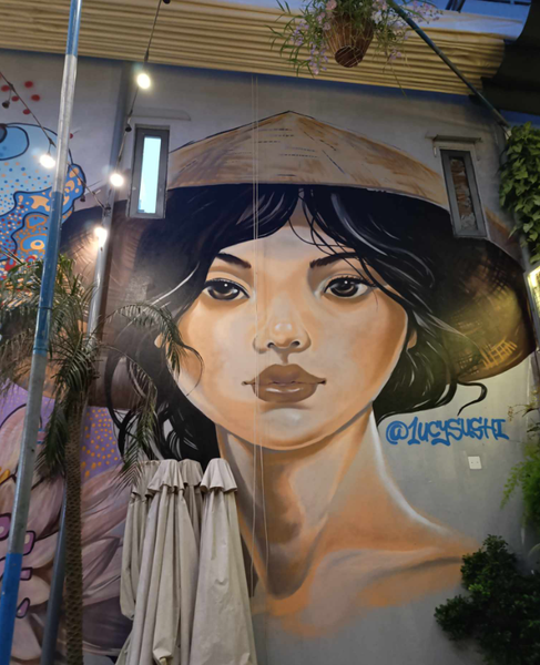 Authorized street art on a business wall in DaNang