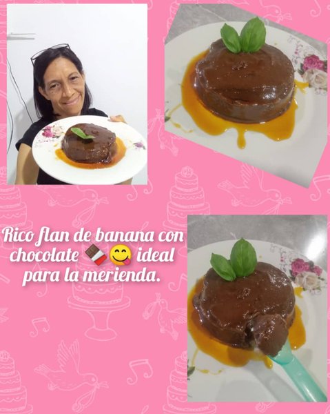 (Esp/Eng) Rico flan de banana con chocolate, ideal para la merienda//  Delicious banana flan with chocolate, ideal for a snack.