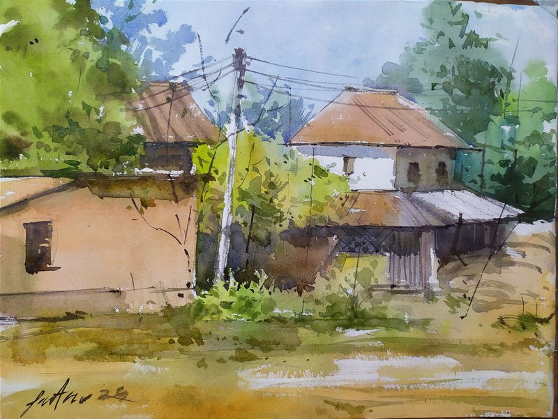 Tranquil village scene  | Watercolour painting. 