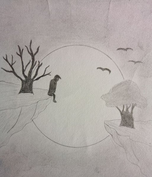 Creative Sunday drawing - pencil drawing of a man on a cliff