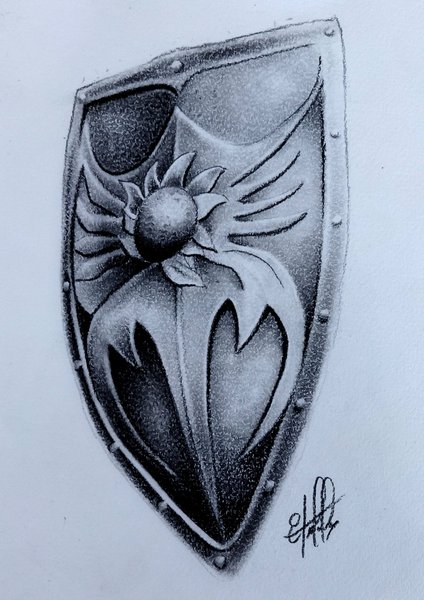 Medieval shield. Drawing created with graphite pencil... Escudo Medieval. Dibujo creado con lápiz de grafito.