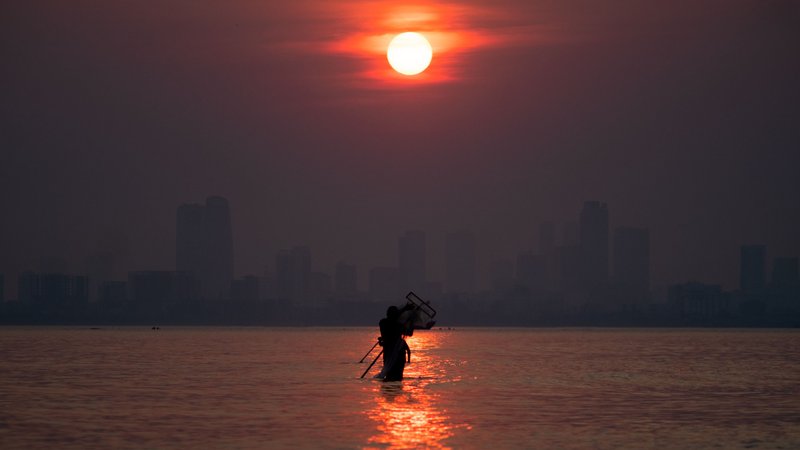 Sunrise scenery at beach in Da Nang, Viet Nam