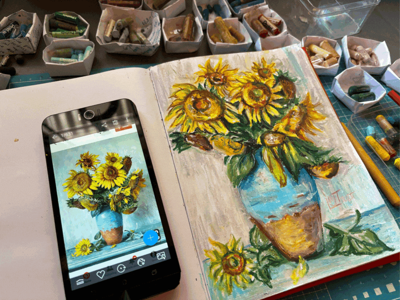 Still Life Sunflower in Vase Oil Pastel