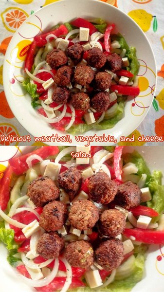 Delicious meatball, vegetable, and cheese salad - Deliciosa ensalada de albondigas, vegetales y queso. 🧀🍅🥗