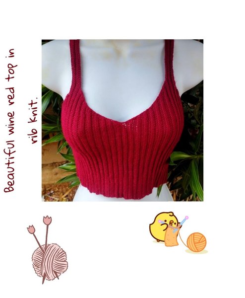 Beautiful wine red top in rib knit - Hermoso top rojo vino en punto ribete. 🍷🧶