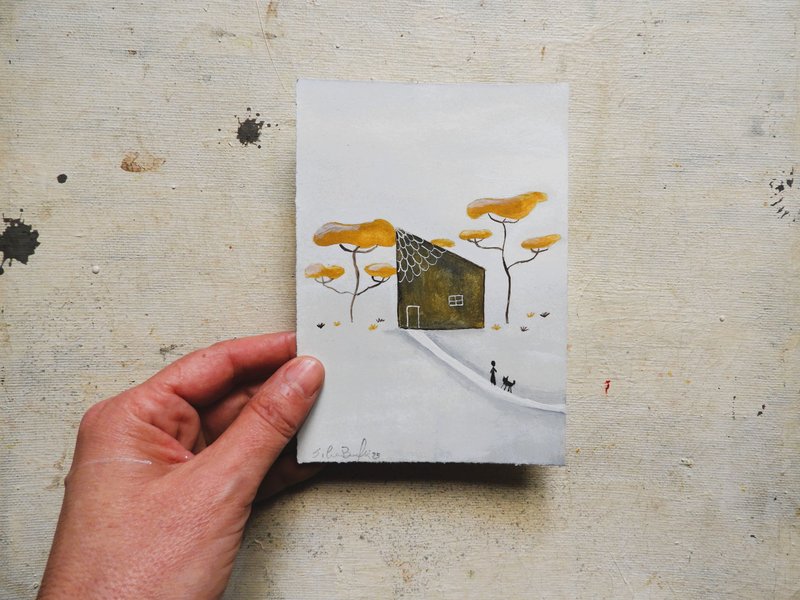 The tiny house between trees (mixed media on paper)