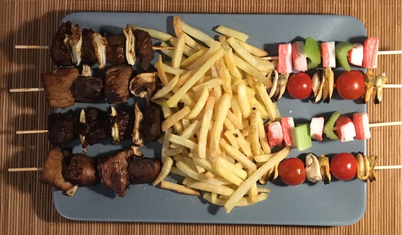 Skewers and fries on a Sunday night