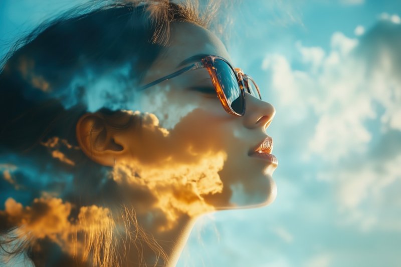 From Calm to Enigmatic: Portraits with Layers of Light. Dreamy Surrealism with Vibrant Colors and Glowing Particles.