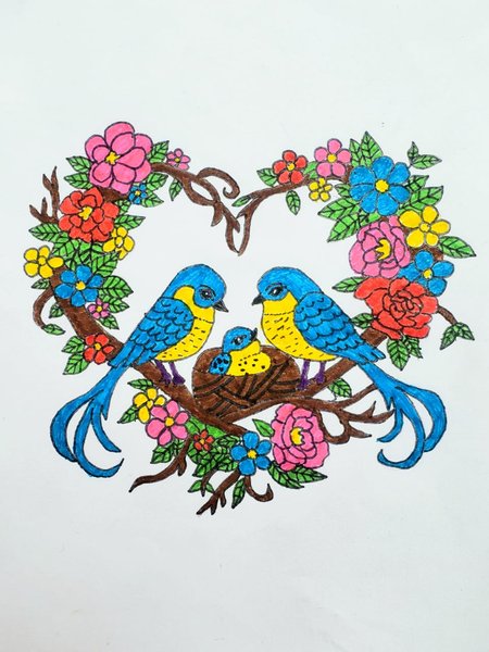 Heart shape bird floral scenery drawing | Creative Sunday