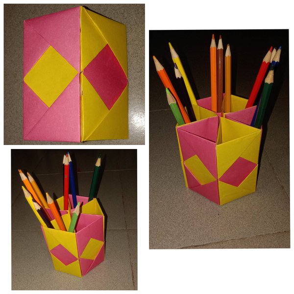 Pink and yellow organizer for pencils 