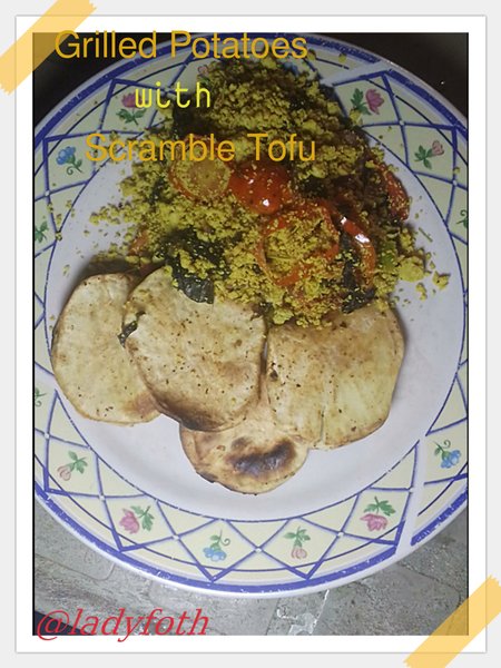 Tofu scramble with grilled potatoes.