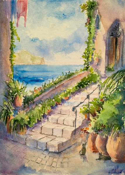 The staircase in green - watercolors on paper