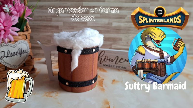 Organizador en forma de vaso inspirado en Sultry Barmaid, concurso de arte Splinterlands semana 348. / Sultry Barmaid-inspired tumbler organizer, Splinterlands art contest week 348.